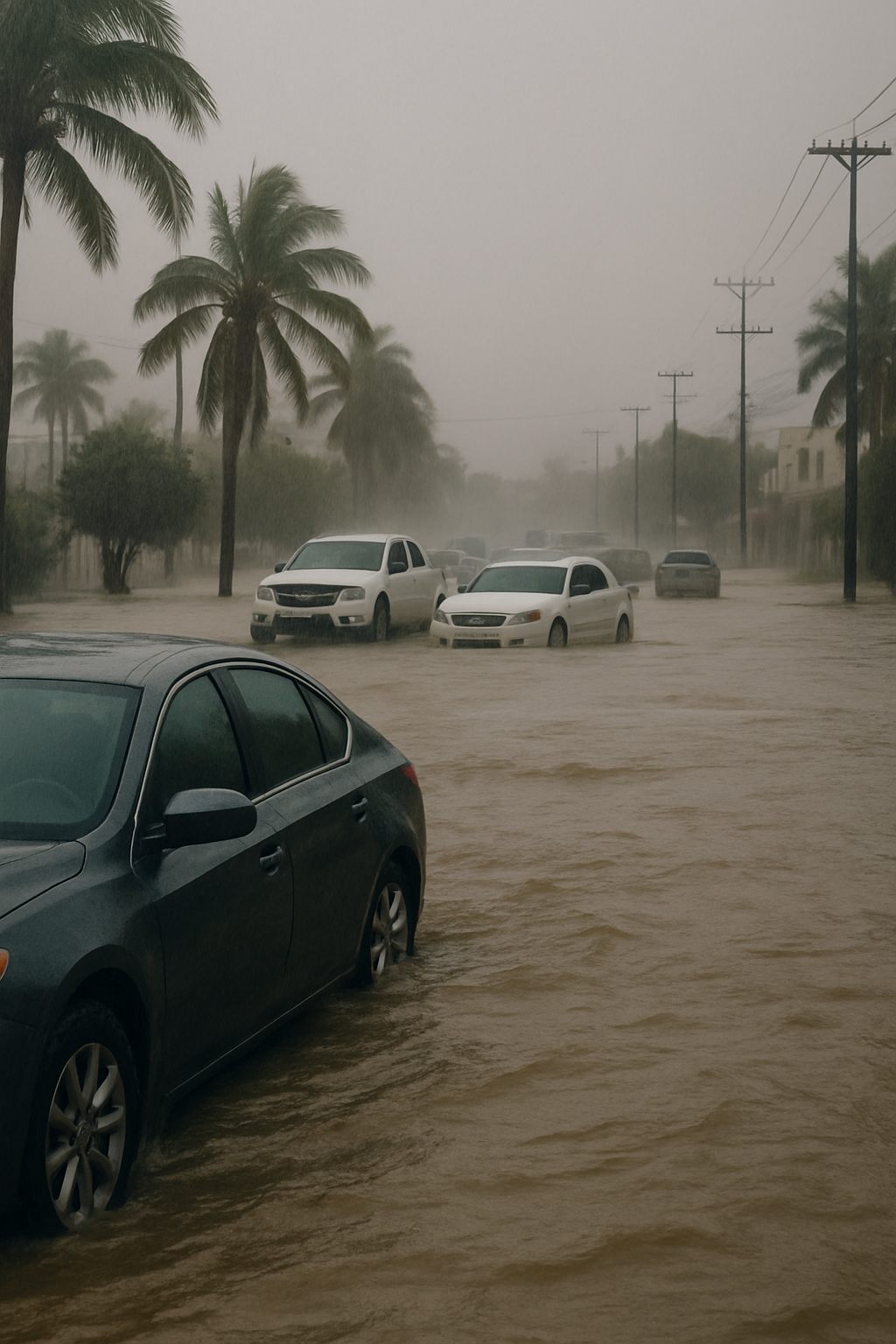 Tormenta tropical Lorena deja vehículos varados en calles de Los Cabos