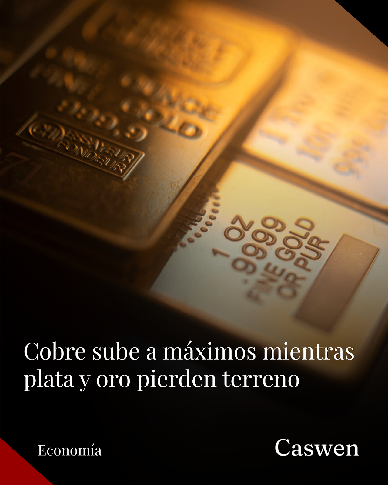 Cobre sube a máximos, plata cae y oro pierde valor este diciembre