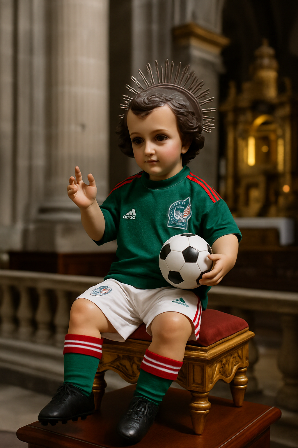 Colocan imagen del Niño Jesús vestido con uniforme del Tri en Catedral de CDMX