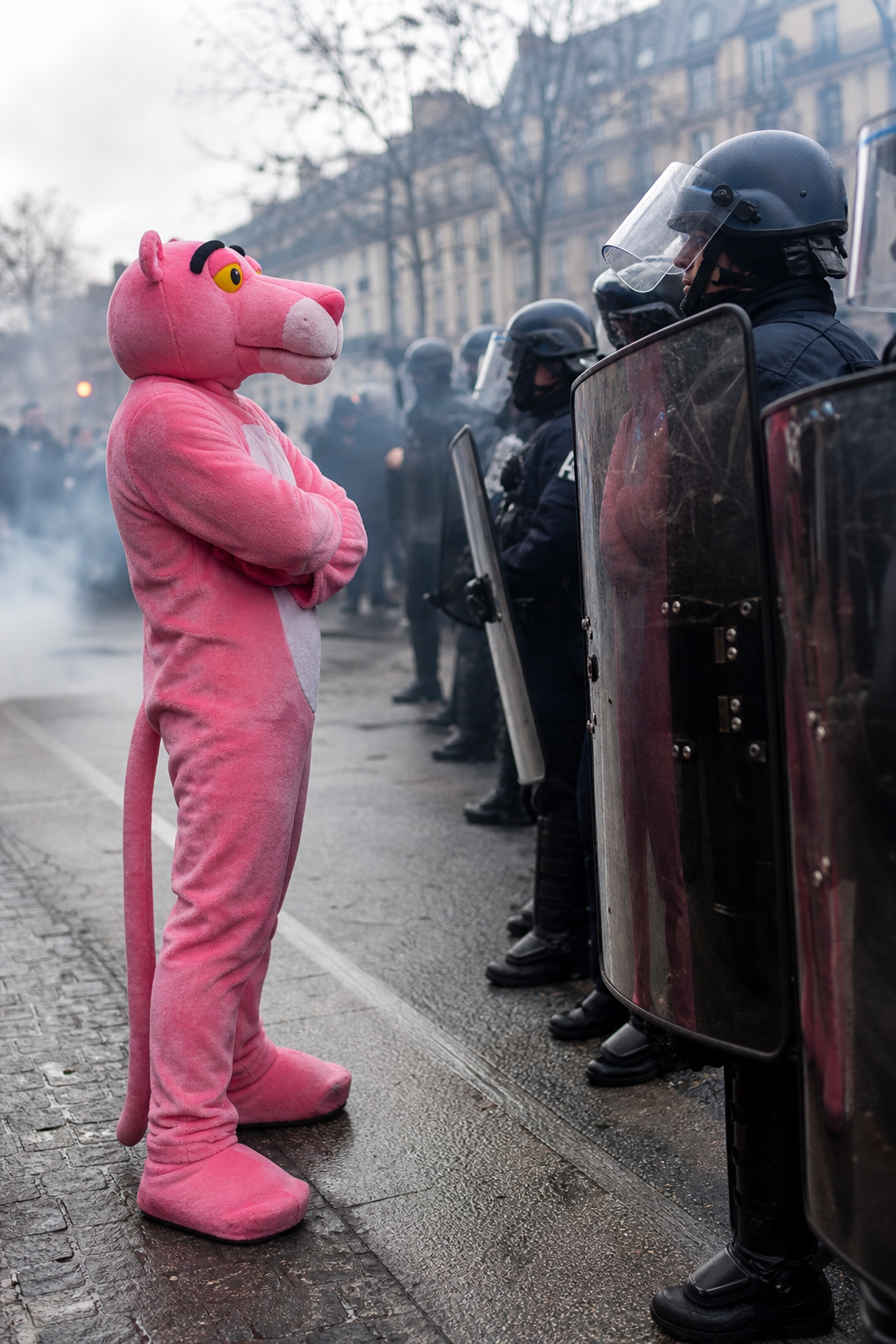 Un manifestante disfrazado de la Pantera Rosa desafía a la policía francesa